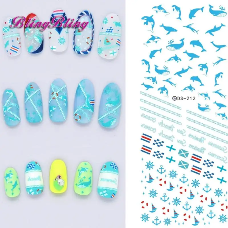 2016 Ocean Fishs Design Nail Art DIY Water Transfer Nails Sticker Blue Ocean Fishes Anchor Nail Wraps Fingernails Decals