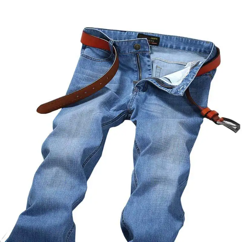 

2019 Spring Men's Slim Fit Jeans Thin Straight Youth Pants Light Gray Elastic Mid-rise Smart Casual Men's Denim Trousers