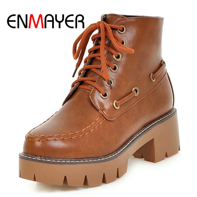 

ENMAYER 2018 New Arrival women solid lace up round toe ankle boots lady square heel platform boots Big 34-43 ZYL303