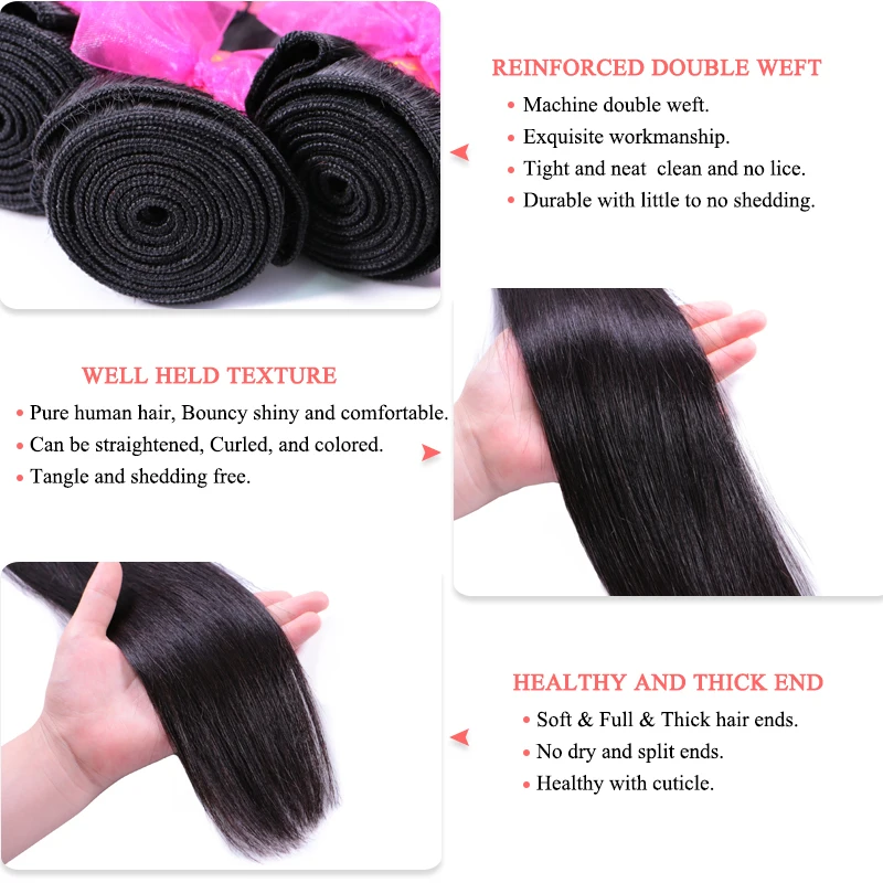 Queen Hair Products 100% Human Hair Brazilian Straight 3 Bundles With Closure Virgin Hair Extensions Natural color Lace Closure