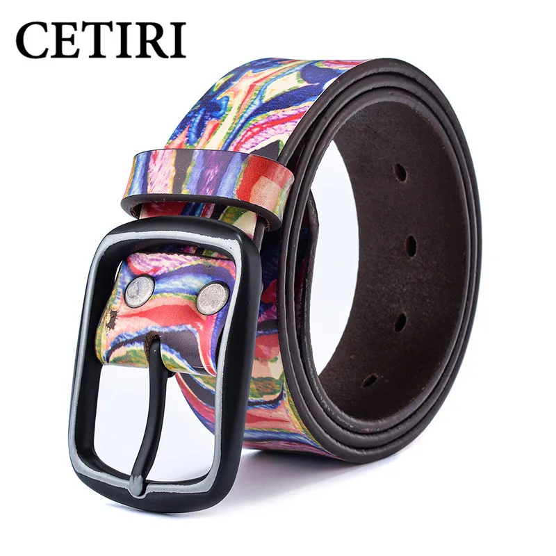 Women Men Jeans Designer Belts Colorful Graffiti Printed Real Genuine
