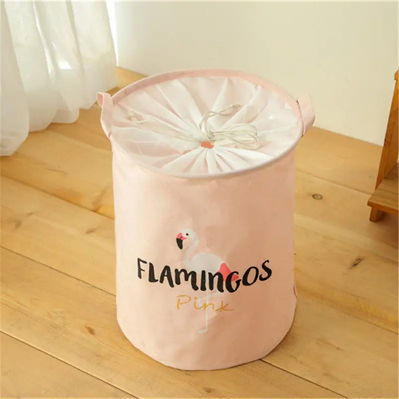 

Flamingo Printed Drawstring Storage Bag Bin Cotton Hamper Nordic Dirty Clothes Barrel Toy Organizer Foldable Laundry Basket