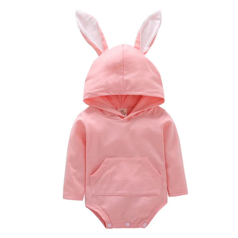 Toddler Infant rompers Baby Girls Boys Cute Rabbit Ear Long Sleeve Hooded Romper Jumpsuit Spring Autumn Clothes vetement enfant - Color: Pink