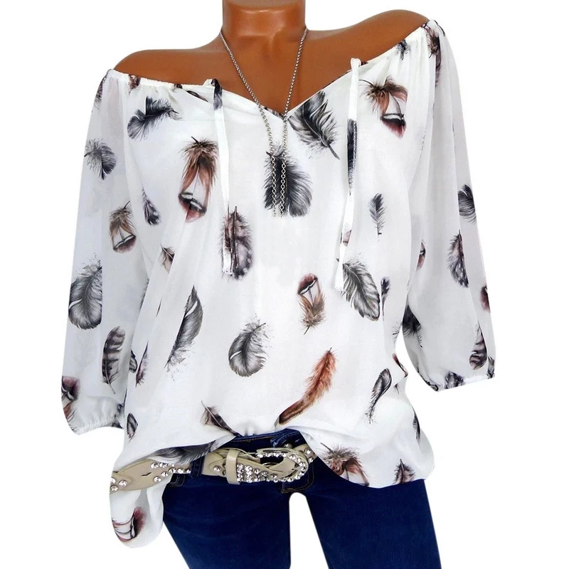 

Puimentiua 2019 Spring Summer Half Sleeve V-Neck Women Blouse Feather Print Casual Loose Shirts 5XL Plus Size Female Tops Blouse
