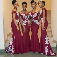 Темно-красное платье подружки невесты в стиле русалки африканская темнокожая девушка нигерийские с открытыми плечами Белые Аппликации атласные длинные свадебные праздничные платья