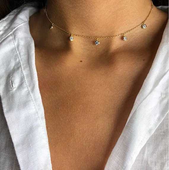 

2017 high quality bezel 3mm cz charm drop 925 sterling silver 35+7cm extend chain choker silver charm necklace