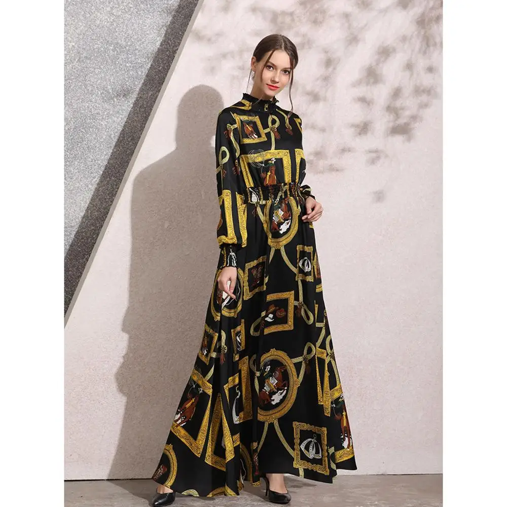 

Women Muslim New Simple Retro Print Slim Elastic Waist Silk Dress Long Dress