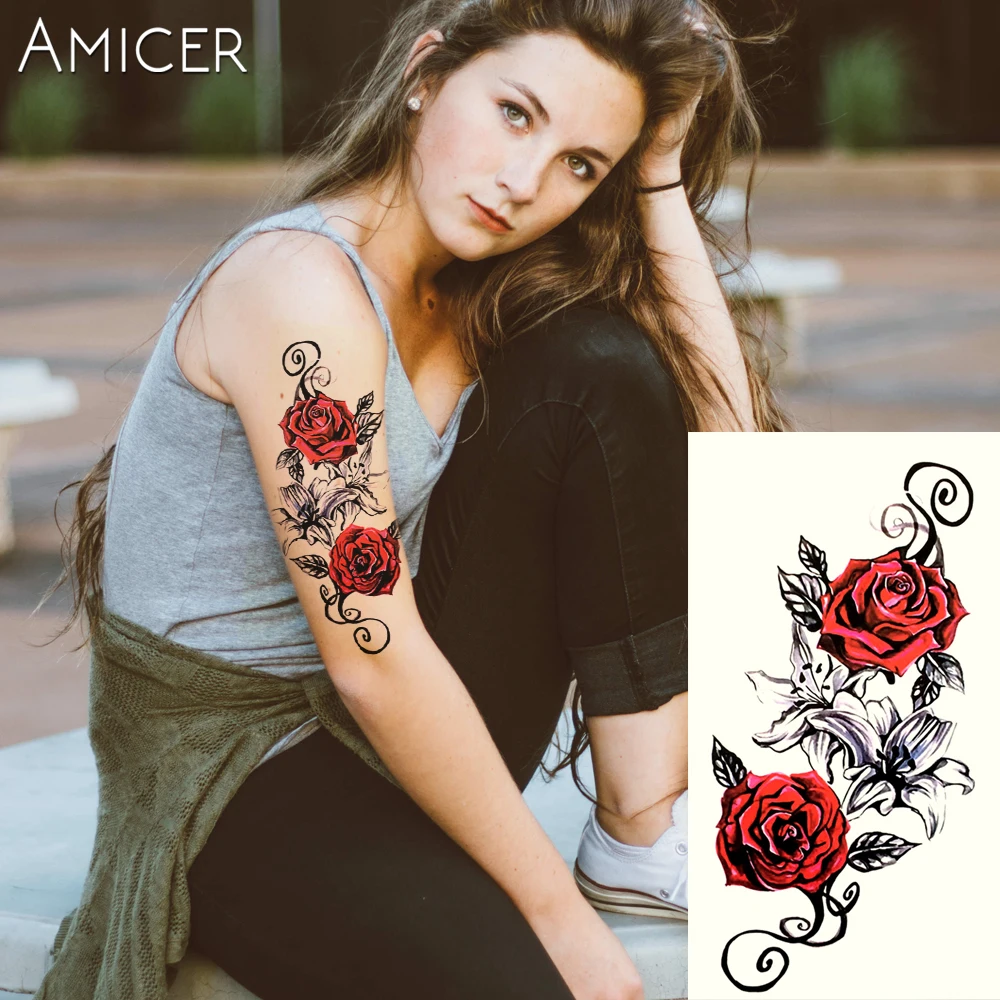 1 шт. красные розы горячий черный белый большой цветок хна временная татуировка