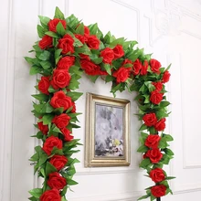 

240cm Artificial Rose Flower Garland Vine Wedding Decorative Real Touch Silk Flowers Floral With Green Leaves For Home 9 Flowers