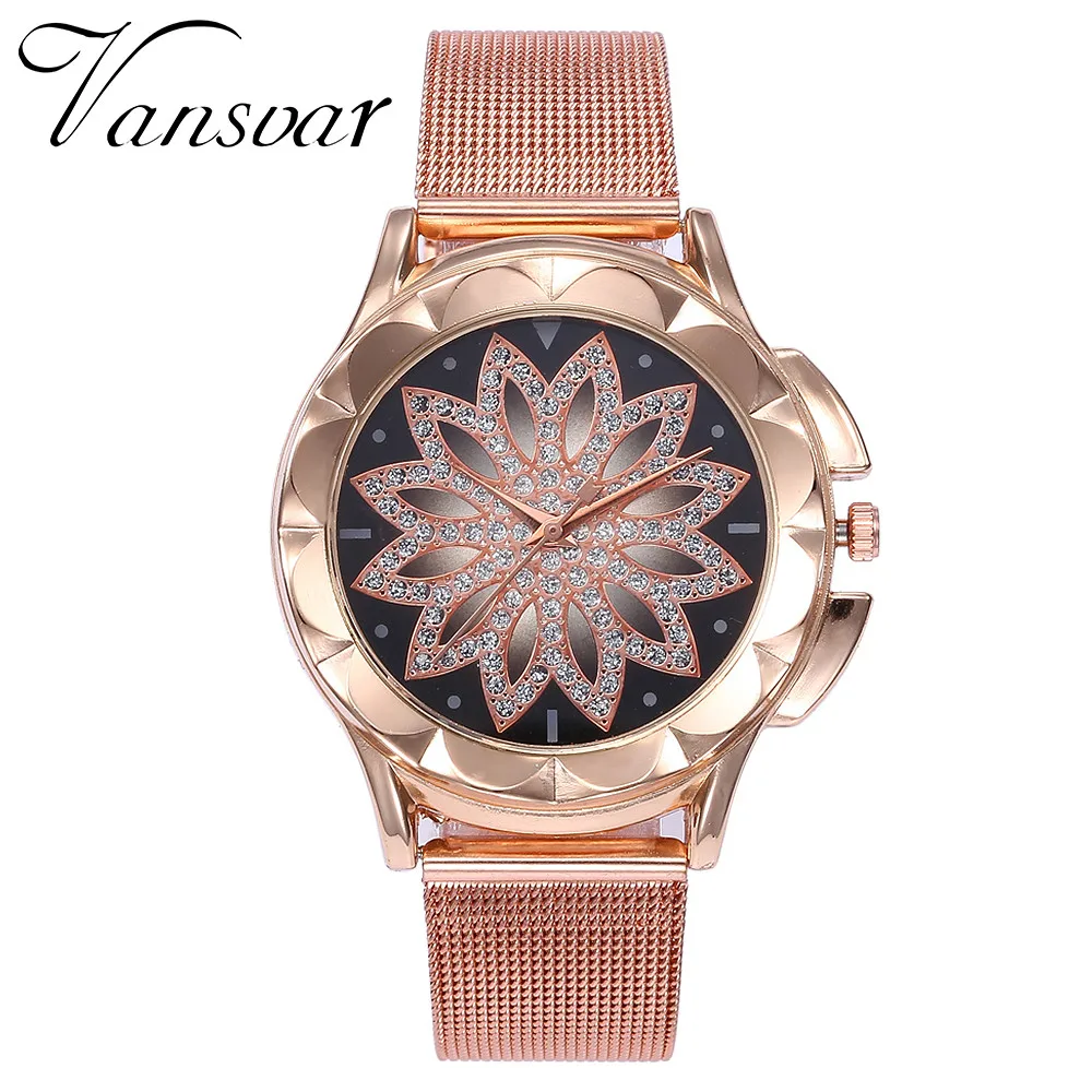 

2019 vansvar Casual Watch Women Quartz Stainless Steel Band Lucky Flower Rhinestone Watches Luxury Relogio Feminino Wristwatch