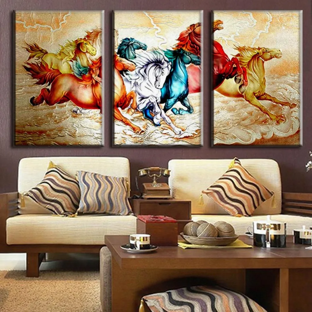 3 Pieces Chinese Style Eight Running Horses Canvas Painting On Wall