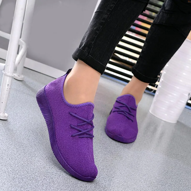 Весенние женские туфли из сетчатого материала на плоской подошве с перекрестной шнуровкой; женская обувь на платформе без шнуровки; Повседневная Удобная модная повседневная обувь размера плюс - Цвет: purple