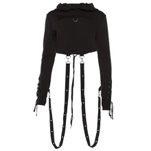 Готический панковский укороченный мини-пуловер на лямках, пуловер с вырезами спереди и шнуровкой, толстовки с капюшоном в стиле панк, топы с длинными рукавами в готическом стиле для девочек, худи