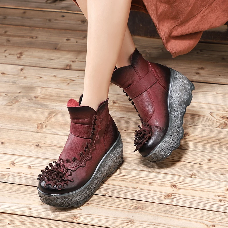 

Handmade Elegant Flower Strap Design Boots Women Vintage High Platform Lady Short Booties Natural Leather Female Wedge Shoes New