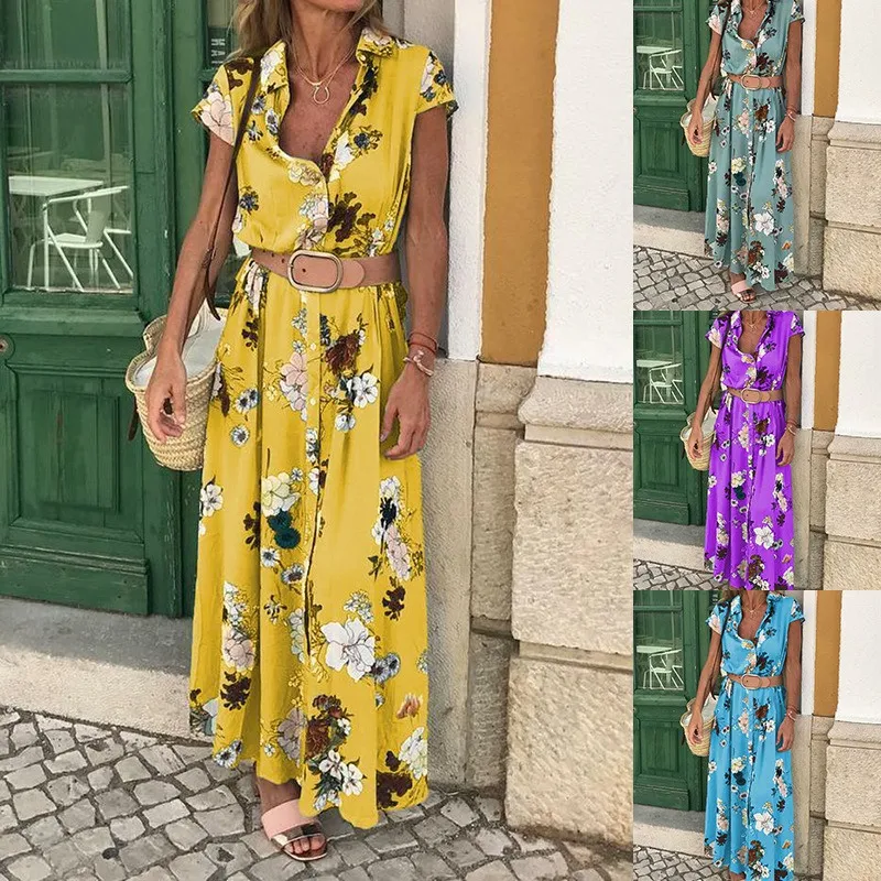 

2019 Summer Women Short Sleeve Boho Folk Vintage Style Dress Printed Floral Maxi Casual Ladies Loose Sundress without Sashes