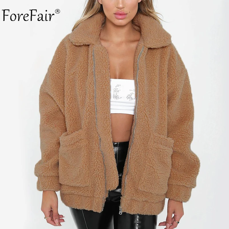 Koop Forefair Winter Oversized Faux Bontjas Vrouwen Natuurlijke Bont Teddybeer Jas Zakken Revers Casual Losse Plus Size Overjas