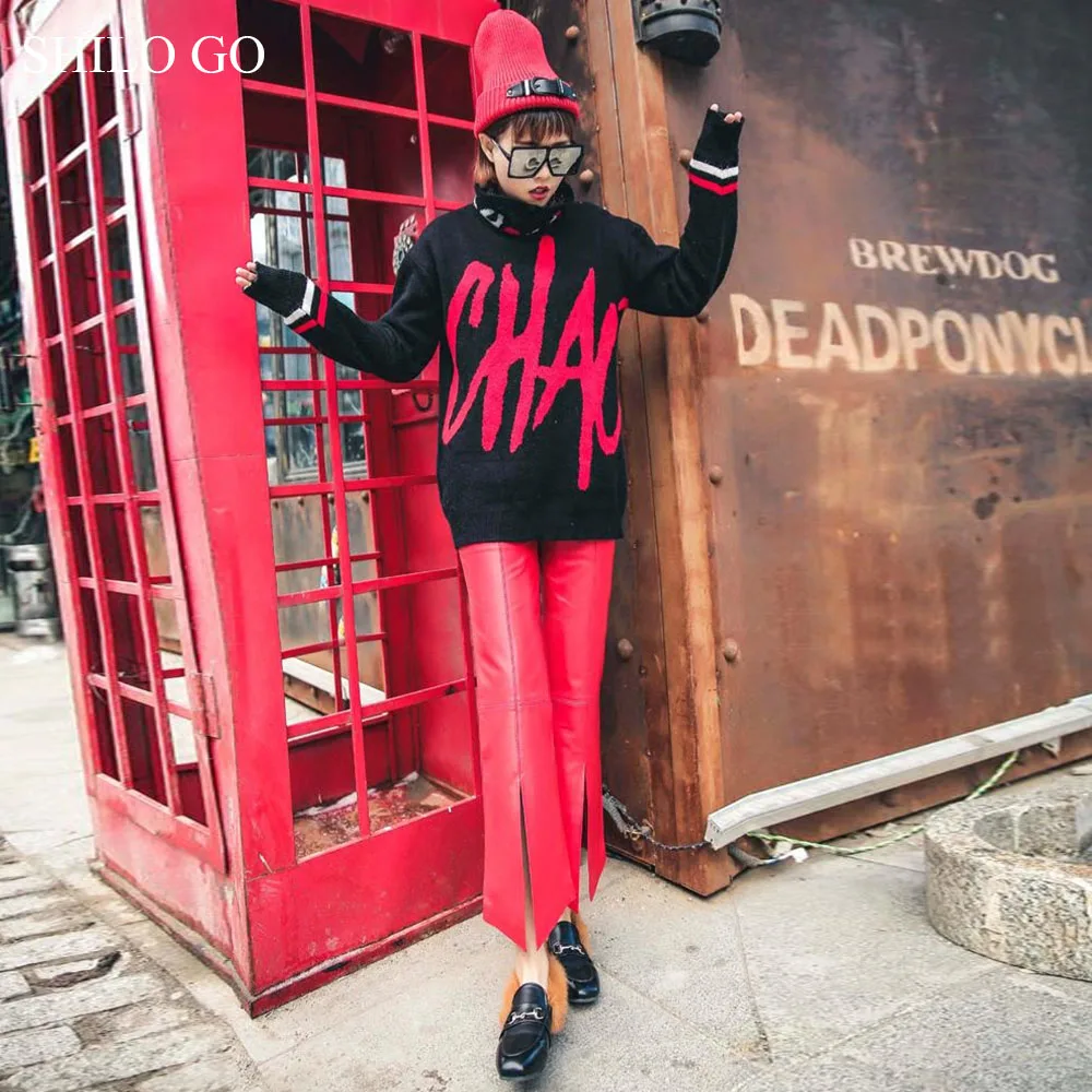 SHILO GO Leather Pants Womens Summer Fashion sheepskin genuine leather Pants high waist concise red slits asymmetrical pants