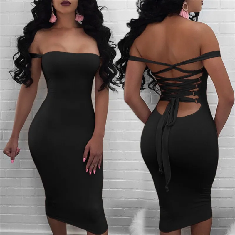 

Trendy Women dress off shoulder Sexy Solid Sleeveless Bandage Bodycon backless Evening Polyester Dresses one pieces