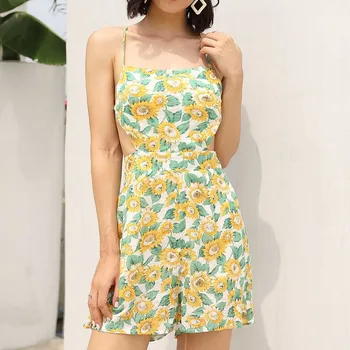 

Summer jumpsuit Women short rompers Floral straps Beach jumpsuit Elegant casual halter Ladies Off shoulder Plus size playsuit
