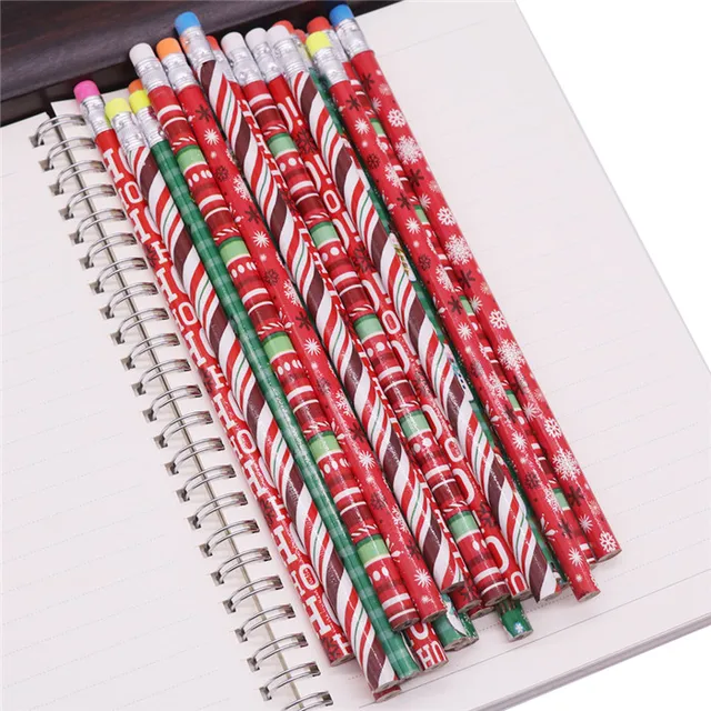 30 pcs Holiday Gift pen Christmas pattern Pencil With eraser HB Black