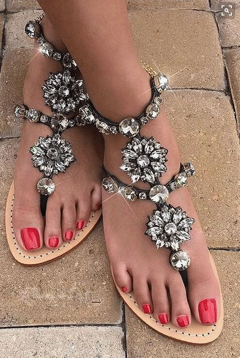 

2017 Women Rhinestones Chains Flat Sandals Crystal Plus Size Black Color