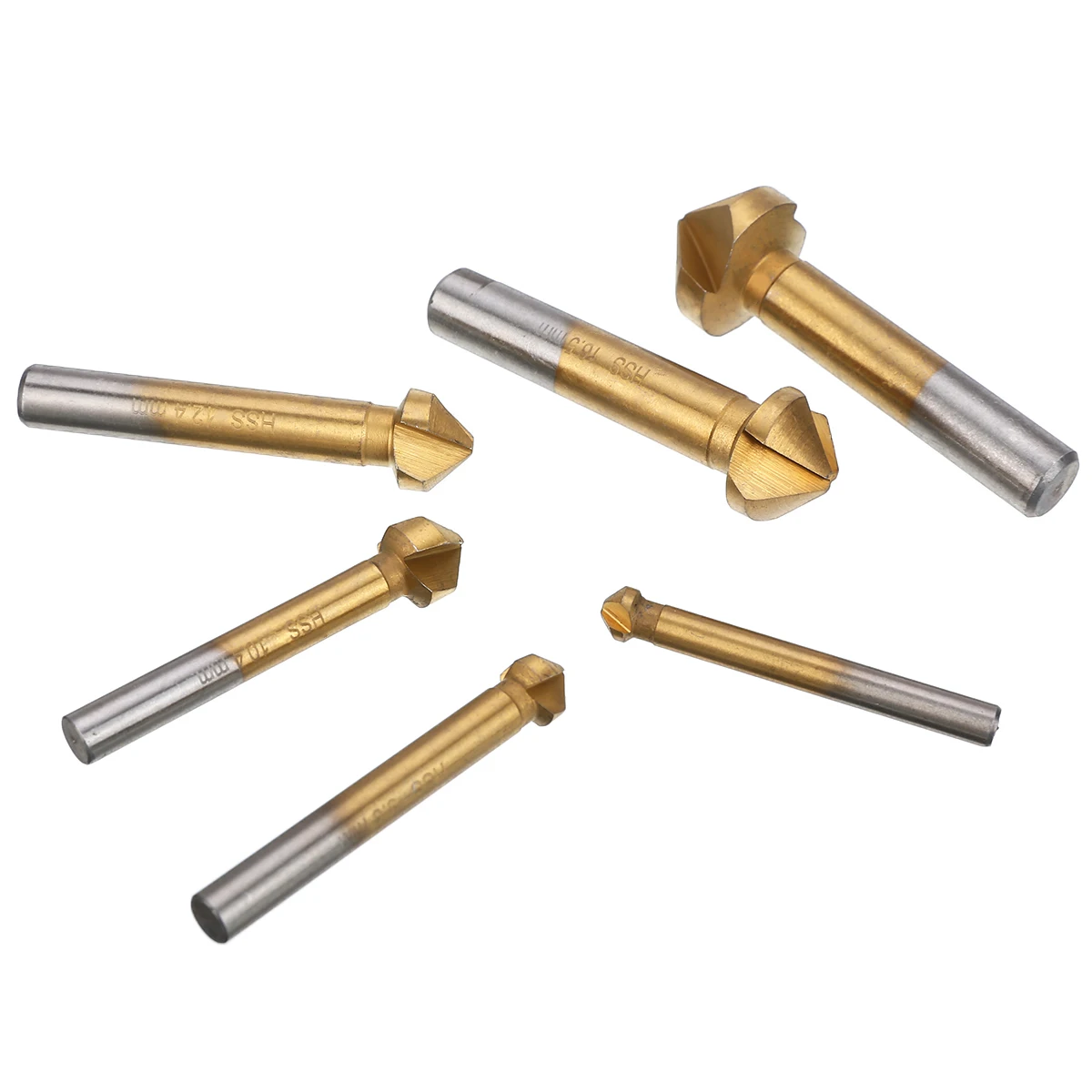 

6pcs 90 Degree Drill Bits Set Gold HSS Titanium Coated Countersinks Chamfer Bit for Wood Metal Working 6.3mm-20.5mm