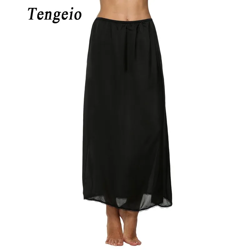 Tengeio Women Petticoat Underskirts Satin Trim Maxi Lace Long Black Half Slip Underskirt Skirt Slips Jupon Dentelle Femme 610