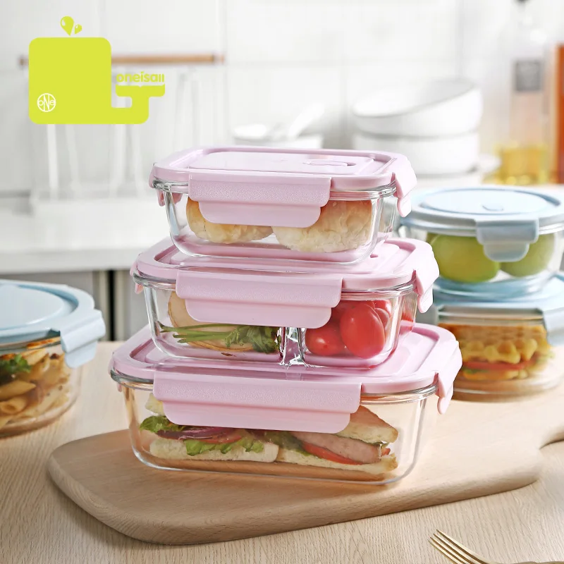 

ONEISALL Glass Food Lunch Box with Bag Microwave Heating Lunch Heat Resistant Glass Crisper Food Container Fruit Fresh Box