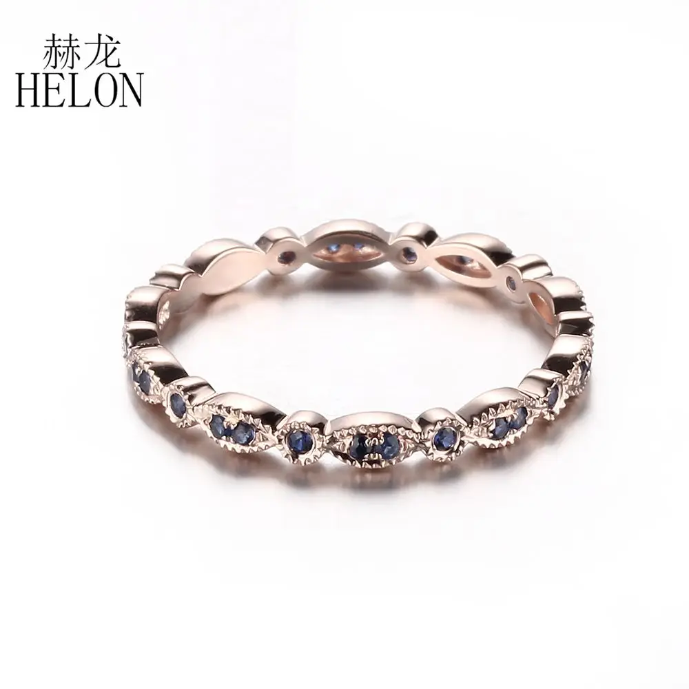 

HELON Solid 10K (417) Rose Gold Pave Genuine Sapphires Band Ring Gemstone Wedding Anniversary Engagement Ring For Women Jewelry