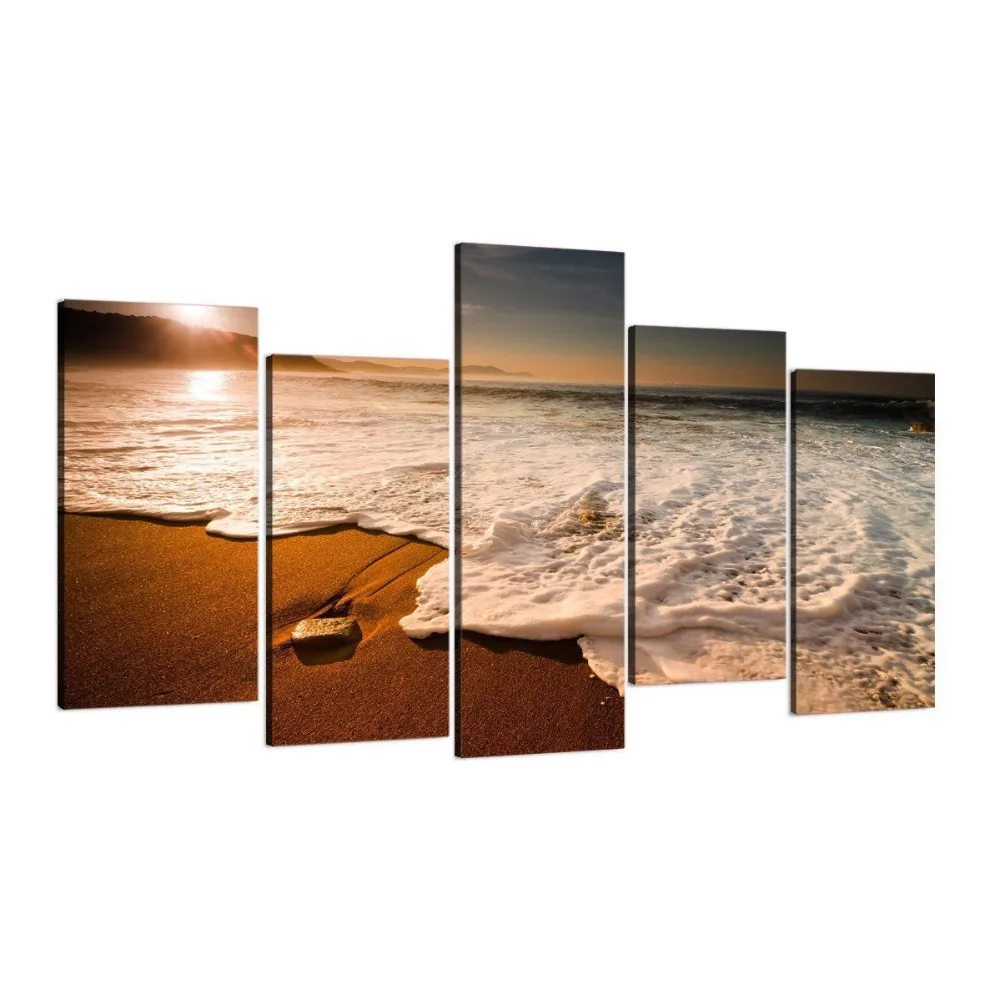 Canvas Painting Modern Home Decor Room Wall Art 5 Pieces Beach Sunrise Sea Wave Seascape Modular Pictures HD Prints Poster Frame
