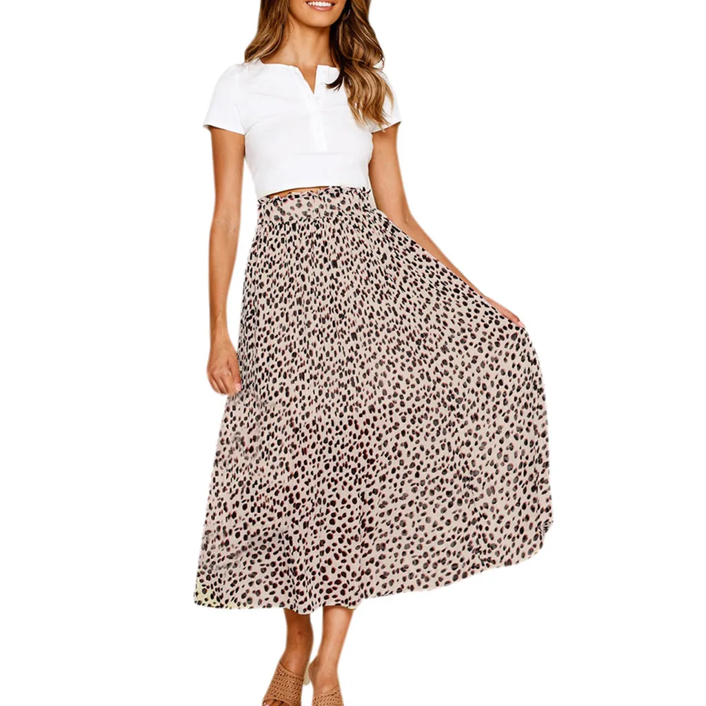 Feitong, Женская леопардовая юбка, винтажная, трапециевидная, свободная, длинная, свинг, эластичная талия, юбки для женщин, s размера плюс# w30