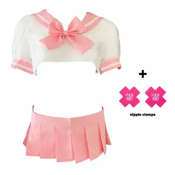 

Women's Cute See-through School Girl Anime Sailor Suit Lolita Cosplay Lingerie Set Pink nipple stickers gift