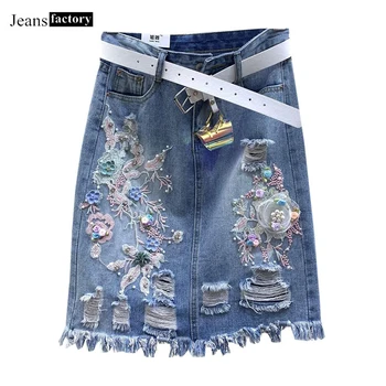 

Summer New Skirts Womens Fashion Embroidery Beading Denim Skirt Korean Style Women Casual Ripped Hole A-line Short Jeans Skirt