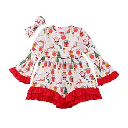 Рождественское платье для маленьких девочек милое платье принцессы Цветочный принт маленьких Детские платья + повязка 2 шт. осень-зима