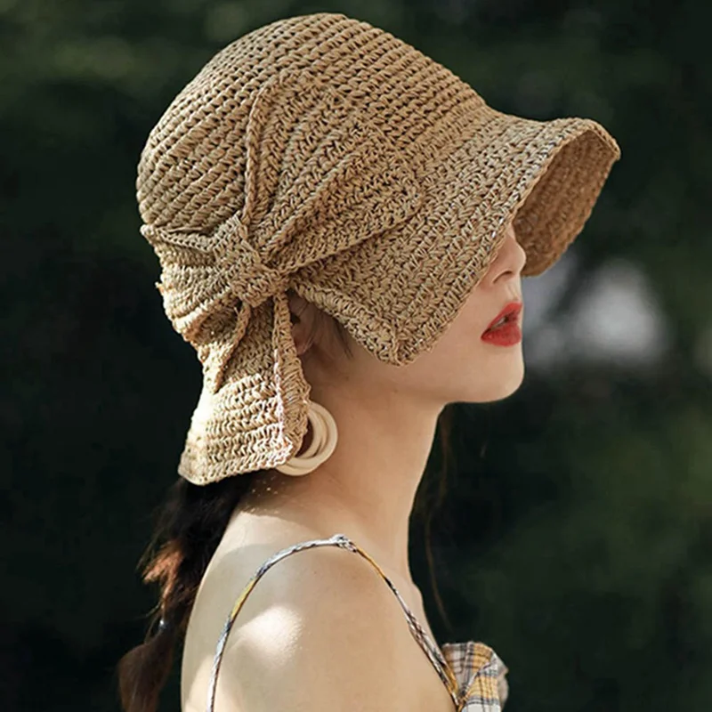 

Parent-child 100% Raffia Bow Sun Hat Wide Brim Floppy Summer Hats For Women Beach Panama Straw Dome Bucket Hat Femme Shade Hat