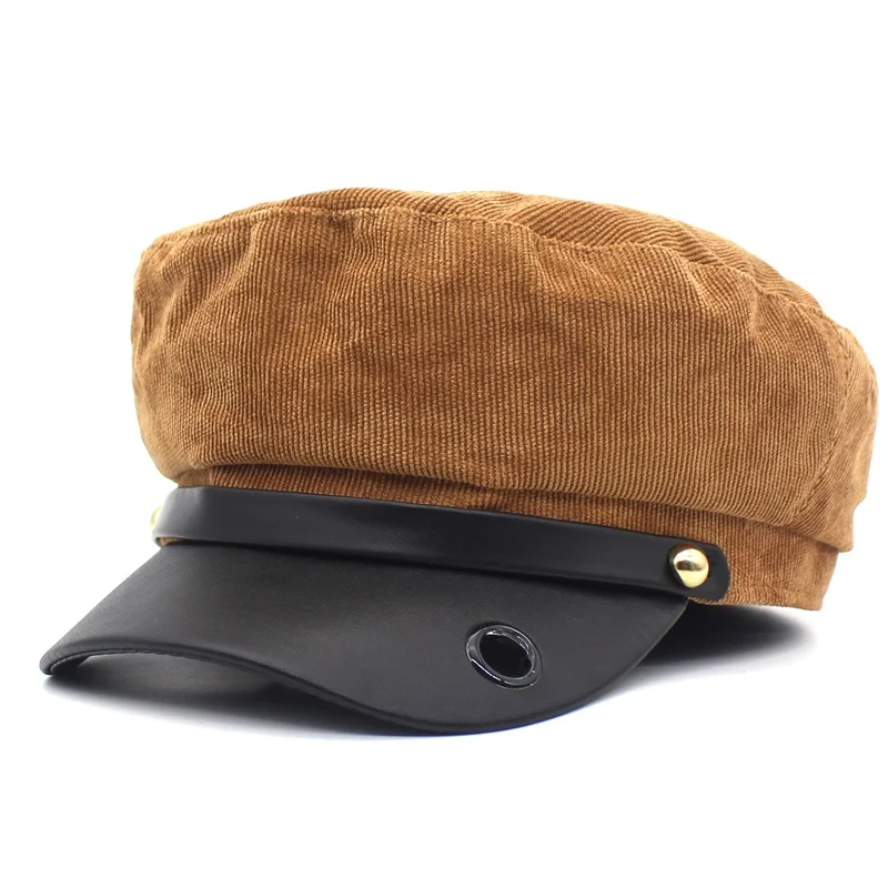 Lanxxy Новая мода патч военная шляпа Для женщин ретро ПУ Брим Casquette вельвет военные шапки с плоским Hat - Цвет: yellow