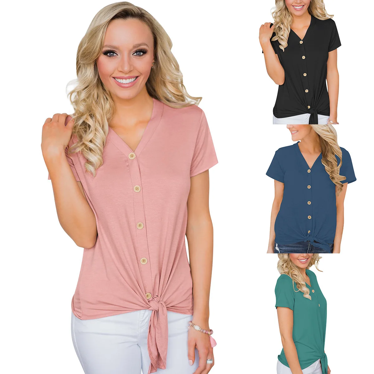 

2019 Fashion T-shirt Women Button Tie Summer Top Tshirt Woman V Neck Short Sleeve Women's Shirts Black Pink Green Blue XL Unique