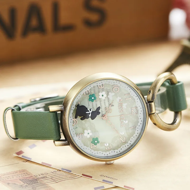 Miss Keke Clay Cute Vintage Retro Rabbit Clock Gold Women Watch Ladies Woman High Quality Leather Rope Quartz Wristwatches 926
