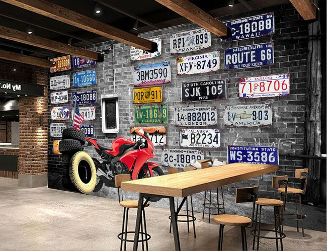 Europe America nostalgic retro brick plates motorcycle tire large mural 3D wallpaper for walls 3d bedroom living room TV stereo