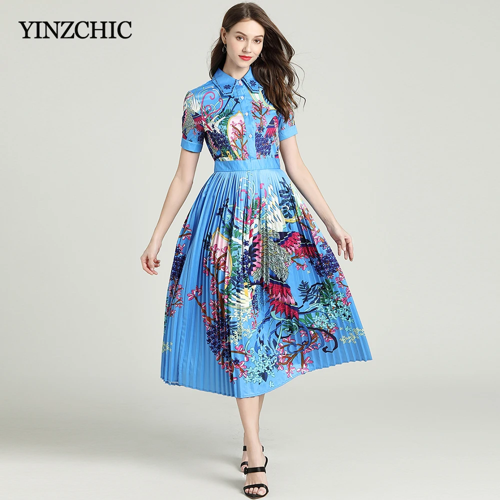 

Woman Summer Print Pleated Mid Dress Turn-down Collar Ladies Party Dresses Floral Print Ladies Mid Slim Dress