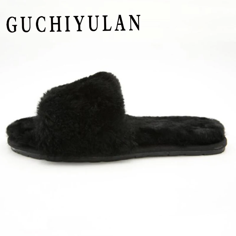 

Fashion home Real wool one Fur Slippers Summer Flip Flops Casual Vogue Fox Fur Sandals cow Bottom Non-slip Plush Shoes