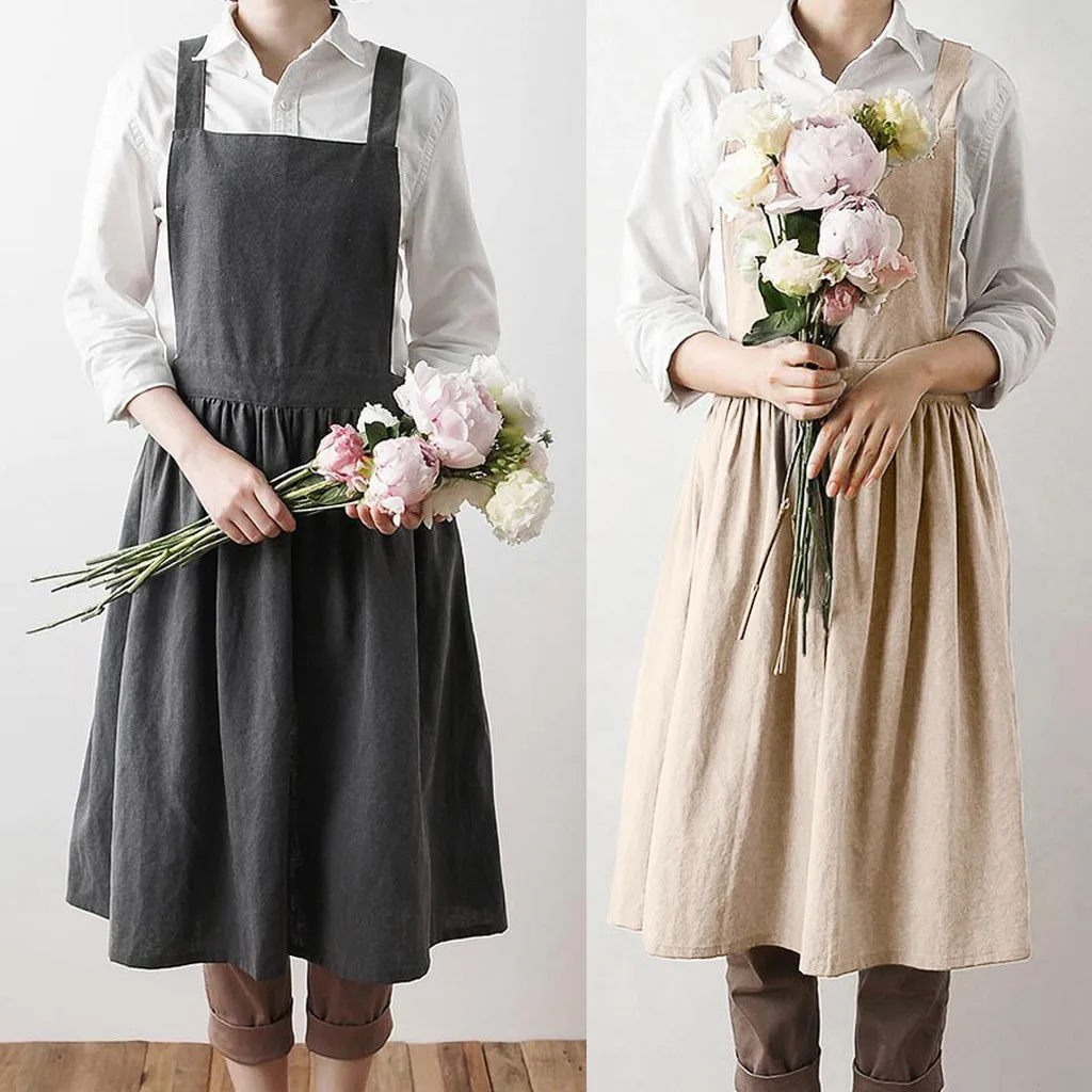 

Linen Sleeveless Home Cooking Florist Cute Bib Apron Pinafore Dress Women Garden Work Cotton Square Collar Suspender Dress 2019