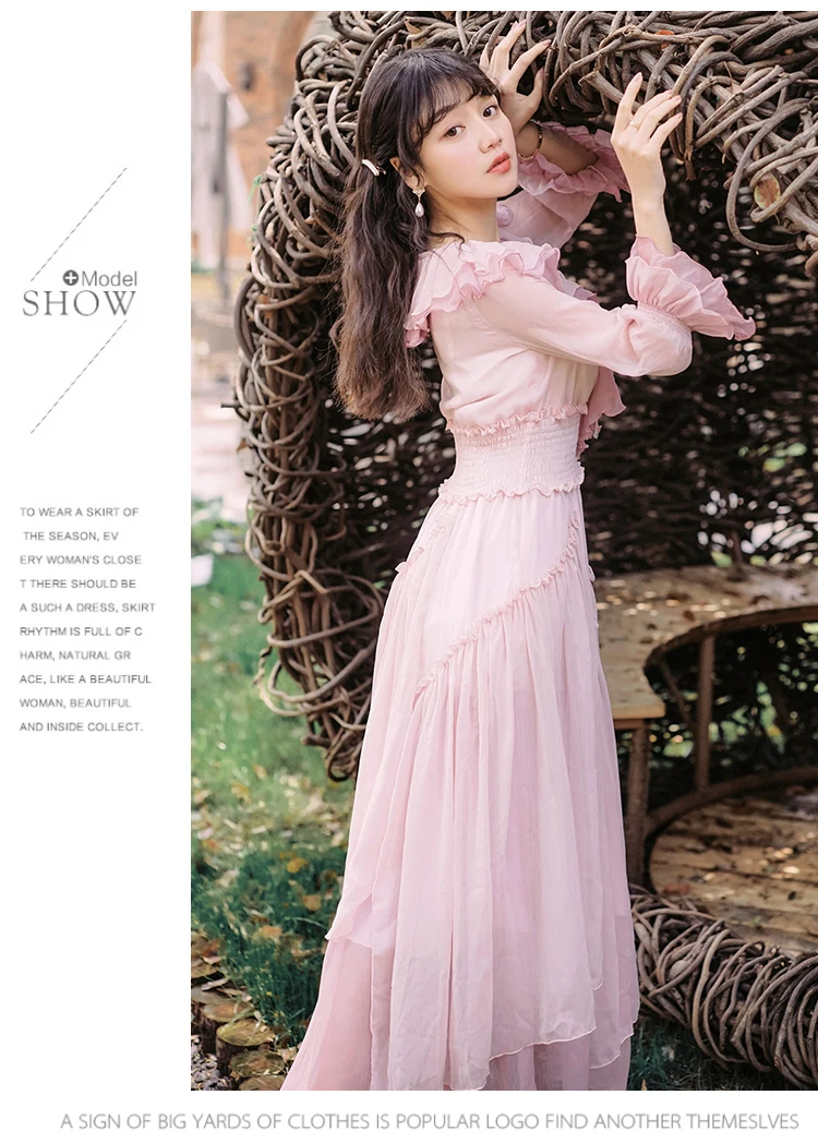 HANZANGL Розовое Шифоновое платье весна осень женские темпераментные нерегулярные гофрированные повседневные винтажные Длинные вечерние платья