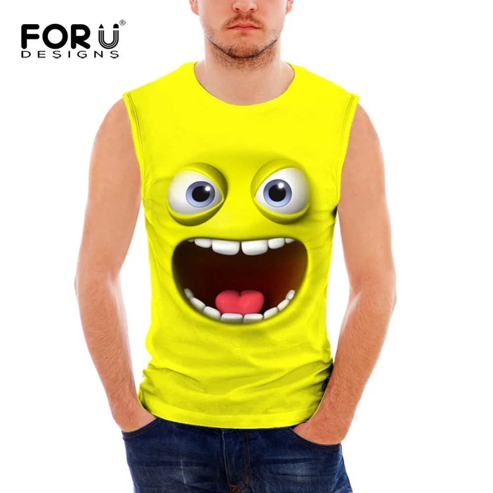 

FORUDESIGNS Hot men's Tank Tops Crew Neck Sleeveless Shirt Elastic Stringer Funny 3D Smiley Emoji Print Undershirt Male Singlet