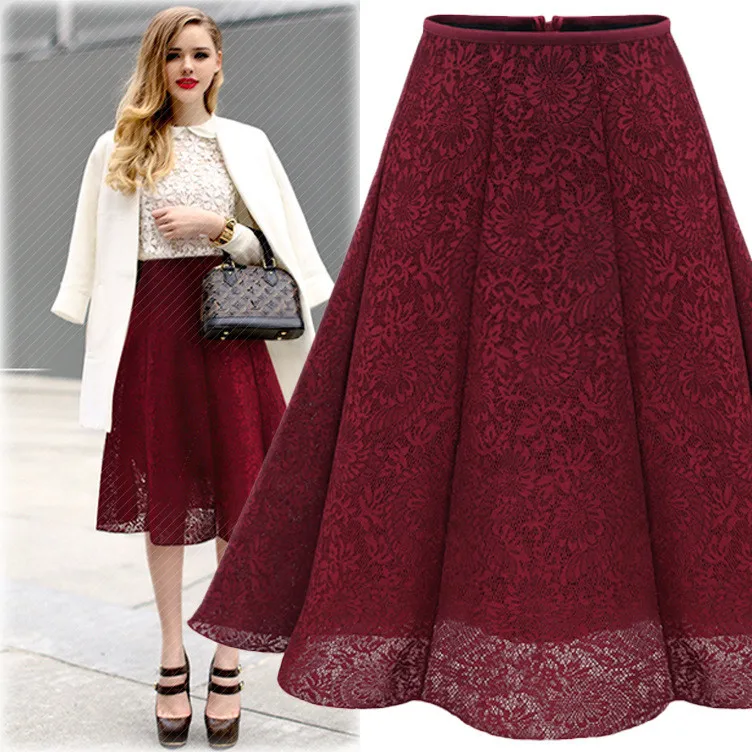 font b Women s b font Fashion A Line Solid Color Lace Knee Length Pleated