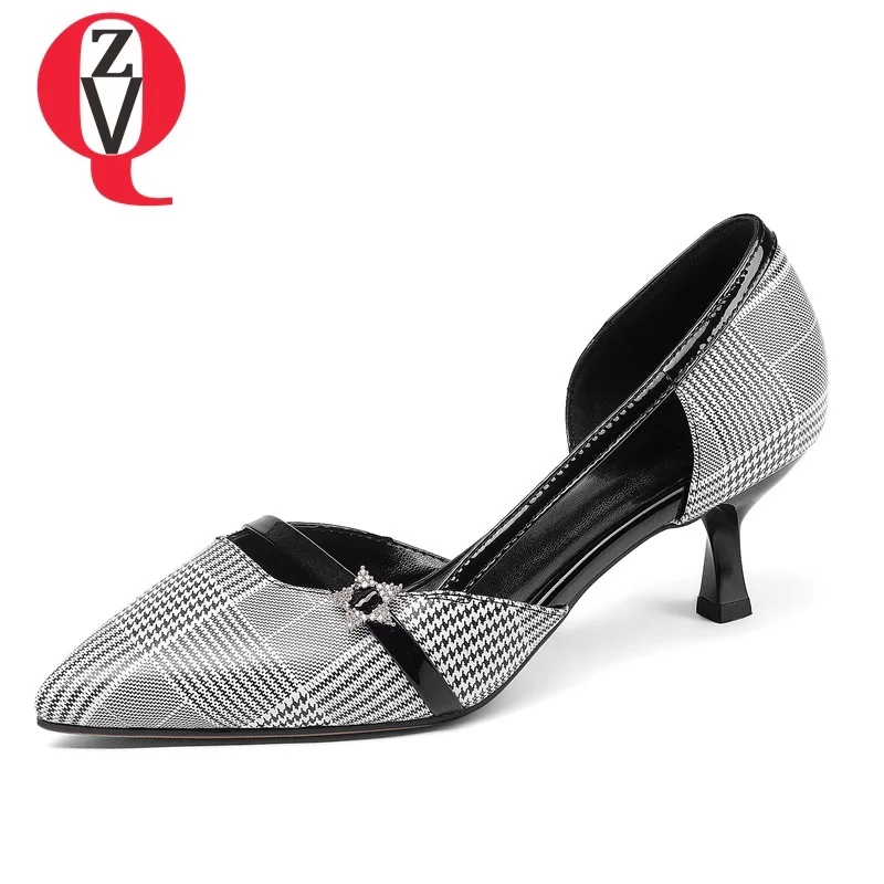 

ZVQ women shoes new fashion gingham genuine leather pointed toe slip-on metal decoration high thin heels large size lady pumps