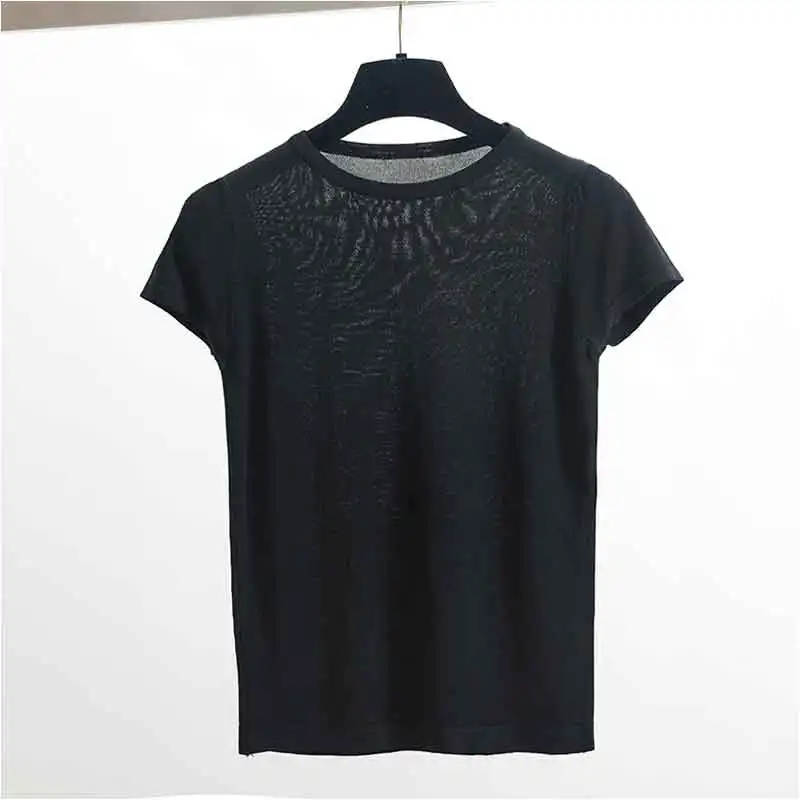 EZSSKJ, Базовая Трикотажная футболка, женская летняя футболка с коротким рукавом, высокая эластичность, женская футболка с круглым вырезом, повседневный однотонный укороченный топ - Цвет: Черный