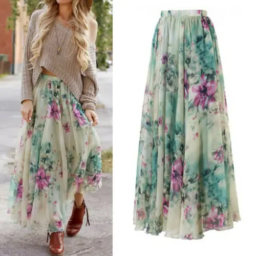 

2019 Fashion Design Floral Jersey Gypsy Long Maxi Skirt Elastic Waist Maxi Skirts Beach Boho Vintage Summer Skirts Faldas Saia