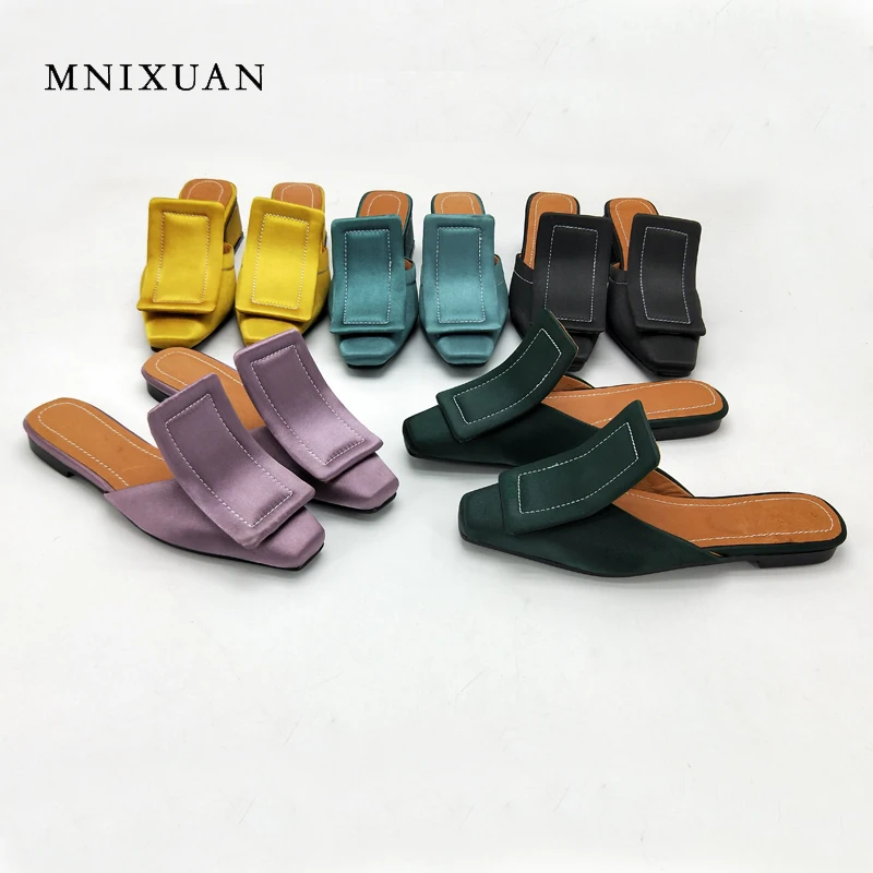 

MNIXUAN mules women flats shoe sandals 2018 summer new fashion europe casual square toe 1cm height balck slides big size 34-43