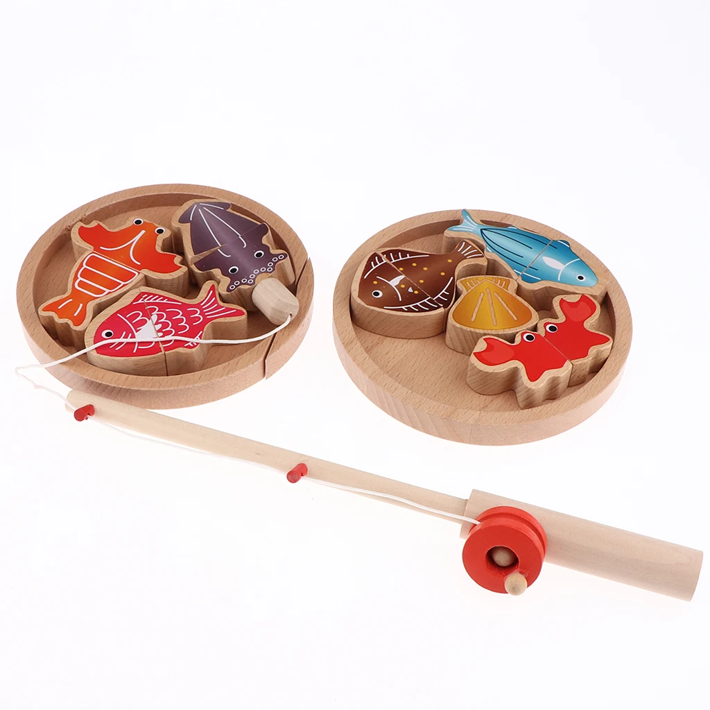 Pretend Kitchen Cooking Set Wooden Fishing Game - Multifunction Double Pole Magnetic Fishing Cutlery Set - Play House Puzzle Toy